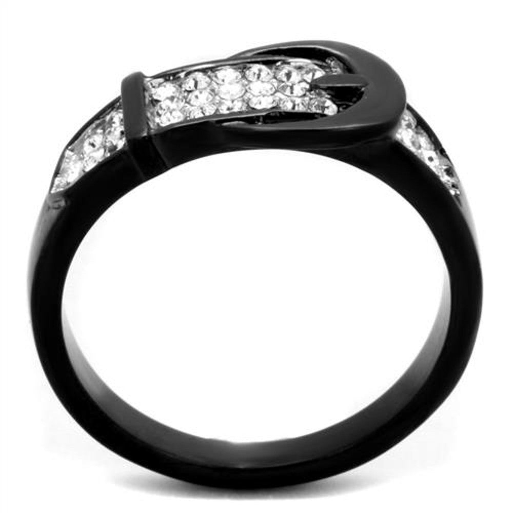 ARTK1868 Black Stainless Steel Belt Buckle Round Cut Crystal Fashion Ring Women's Sz 5-10